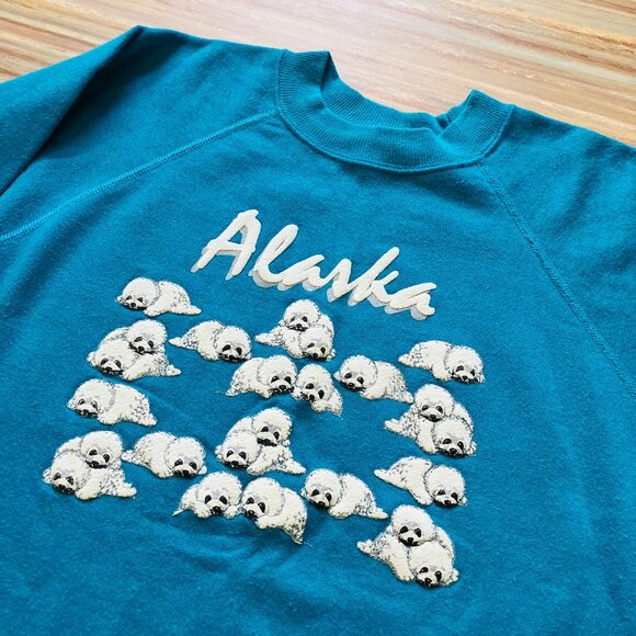 Alaska Baby Seal Sweatshirt Top Vintage 90s Puff Print Blue Made in USA - Picture 4 of 8